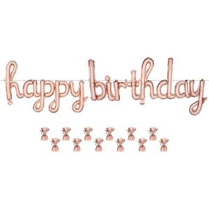 Beistle Rose Gold Birthday Décor Bundle – 12 Metallic Balloon Weights & Script “Happy Birthday” Balloon Streamer, Elegant Modern Celebration Decorations for Chic Parties, Events & Special Occasions