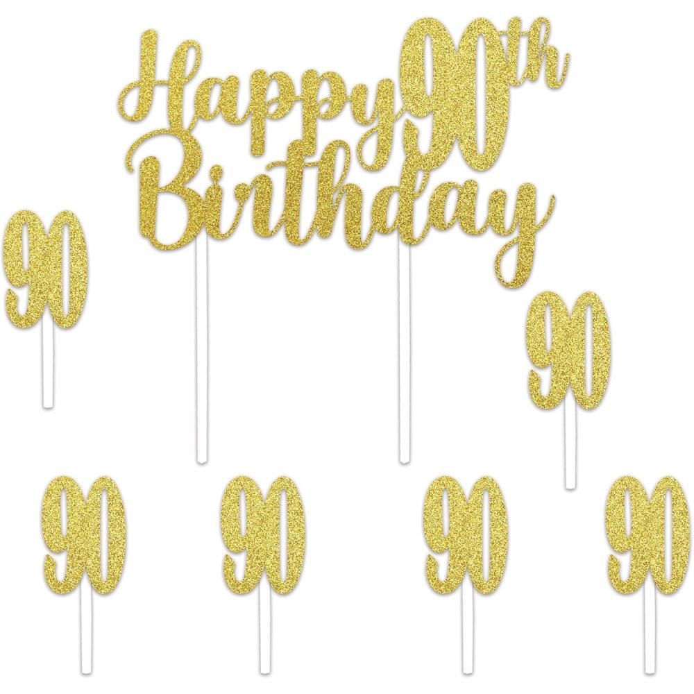 image:imageBeistle Happy 90th Birthday Cake Toppers 2 Gold Glittered 6 x 8 Decorative Top Pieces with Twelve 1 x 3 90 Picks Sparkling Dessert Decorations for 90th Birthday Parties amp Celebrations
