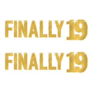 Beistle 2 Piece Elegant Gold Finally 19 Birthday Banners, 7.5” x 3’, Bday Party Decorations, Milestone Celebrations