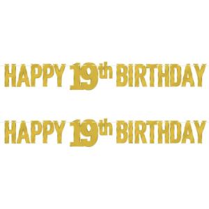 Beistle 2 Piece Elegant Gold Happy 19th Birthday Banners, Bday Party Decorations, Milestone Celebrations