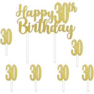 Beistle Happy “30th” Birthday Cake Toppers – 2 Gold Glittered 6″ x 8¼” Decorative Top Pieces with Twelve 1″ x 3½” “30” Picks, Sparkling Dessert Decorations for 30th Birthday Parties & Celebrations