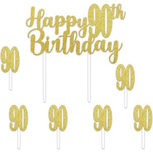Beistle Happy “90th” Birthday Cake Toppers – 2 Gold Glittered 6″ x 8¼” Decorative Top Pieces with Twelve 1″ x 3½” “90” Picks, Sparkling Dessert Decorations for 90th Birthday Parties & Celebrations