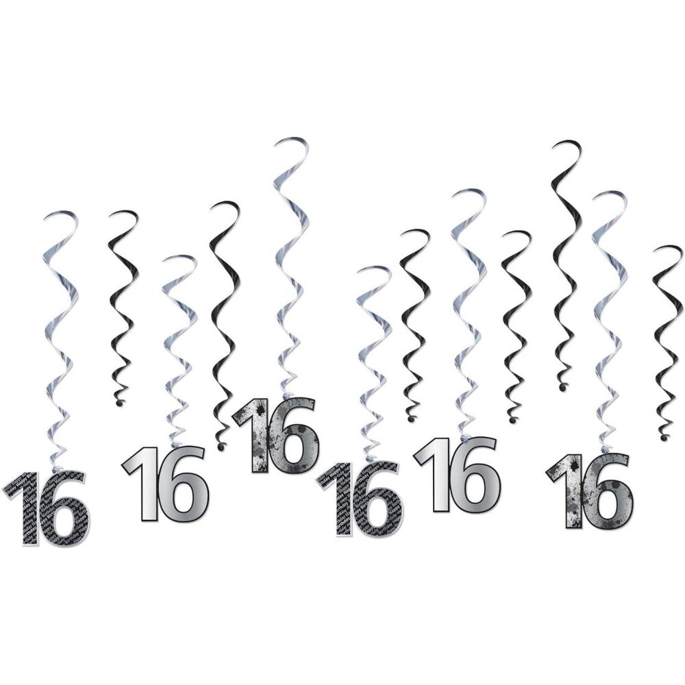 image:imageBeistle 16th Birthday Party Supplies Boy Foil Silver and Black 16th Hanging Whirls 175 Inch to 315 Inch Pack 72