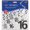 Beistle 16th Birthday Party Supplies Boy, Foil Silver and Black 16th Hanging Whirls 17.5 Inch to 31.5 Inch, Pack 72
