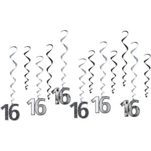 Beistle 16th Birthday Party Supplies Boy, Foil Silver and Black 16th Hanging Whirls 17.5 Inch to 31.5 Inch, Pack 72