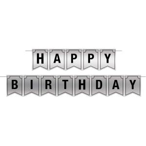 Beistle 16th Birthday Party Supplies Boy, Foil Silver and Black Happy Birthday Streamer 6 Inch x 12 Feet, Pack 12