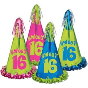 Beistle 60622 12-Pack Fringed Foil Sweet 16 Party Hats, 12-1/2-Inch