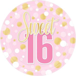 Beistle Sweet 16 Paper Plates – 16 Pack, Pink and Gold Sixteenth Birthday Party Tableware with Polka Dot Design, Round Disposable Dessert and Meal Plates for Milestone Celebrations & Event Tables, 9″