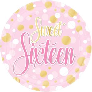 Beistle Sweet Sixteen Paper Plates – 16 Pack, Pink and Gold 16th Birthday Party Tableware, Polka Dot Design, Round Disposable Dessert & Appetizer Plates for Milestone Celebrations & Event Tables, 7″