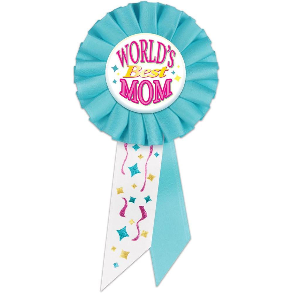 image:imageBeistle Worlds Best Mom Rosettes 2 Pack Blue Award Rosette Pins with Decorative Ribbon Tails for Mothers Day Celebrations Appreciation Events Photo Displays amp Dcor Accents 3 x 6