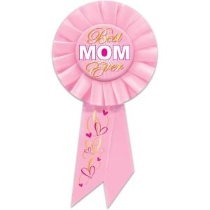 Beistle Best Mom Ever Rosettes – 2 Pack, Pink Award Rosette Pins, Decorative Rosettes with Ribbon Tails for Mother’s Day Celebrations, Appreciation Events, Photo Displays & Décor Accents, 3¼” x 6½”