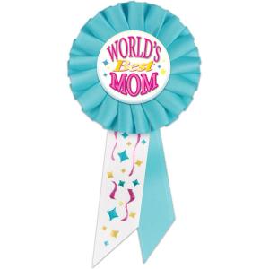 Beistle World’s Best Mom Rosettes – 2 Pack, Blue Award Rosette Pins with Decorative Ribbon Tails for Mother’s Day Celebrations, Appreciation Events, Photo Displays & Décor Accents, 3¼” x 6½”