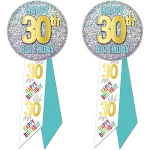 Beistle 2 Piece Happy 30th Birthday Party Favors, Wearable Rosette Button Pins