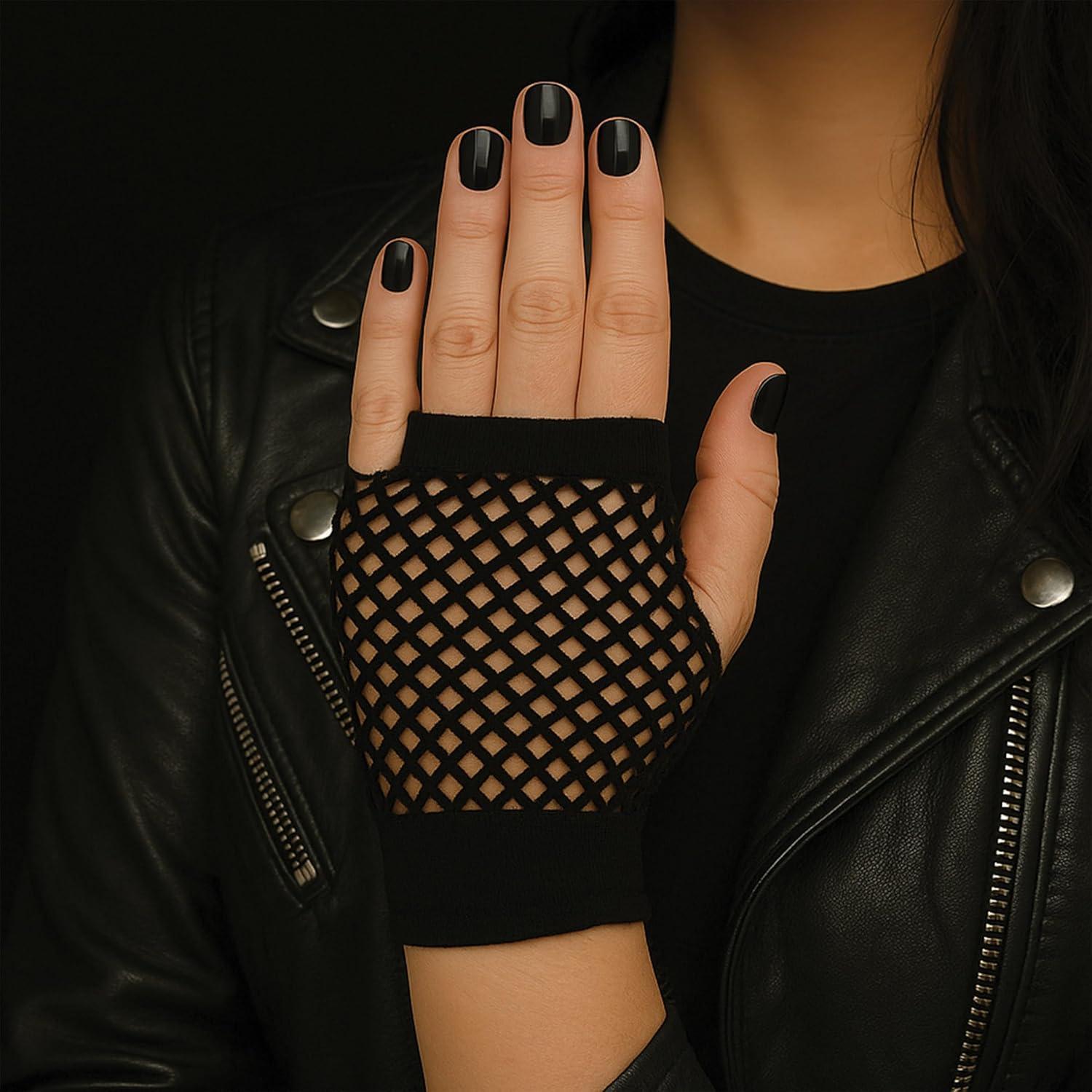 image:imageBeistle Black Short Fishnet Gloves 2 Pairs Fingerless Stretch Mesh Costume Accessories with Elastic Wrist Cuffs Retro 80s Party Wear Halloween Outfit Accents for Dance Rave Themed Events