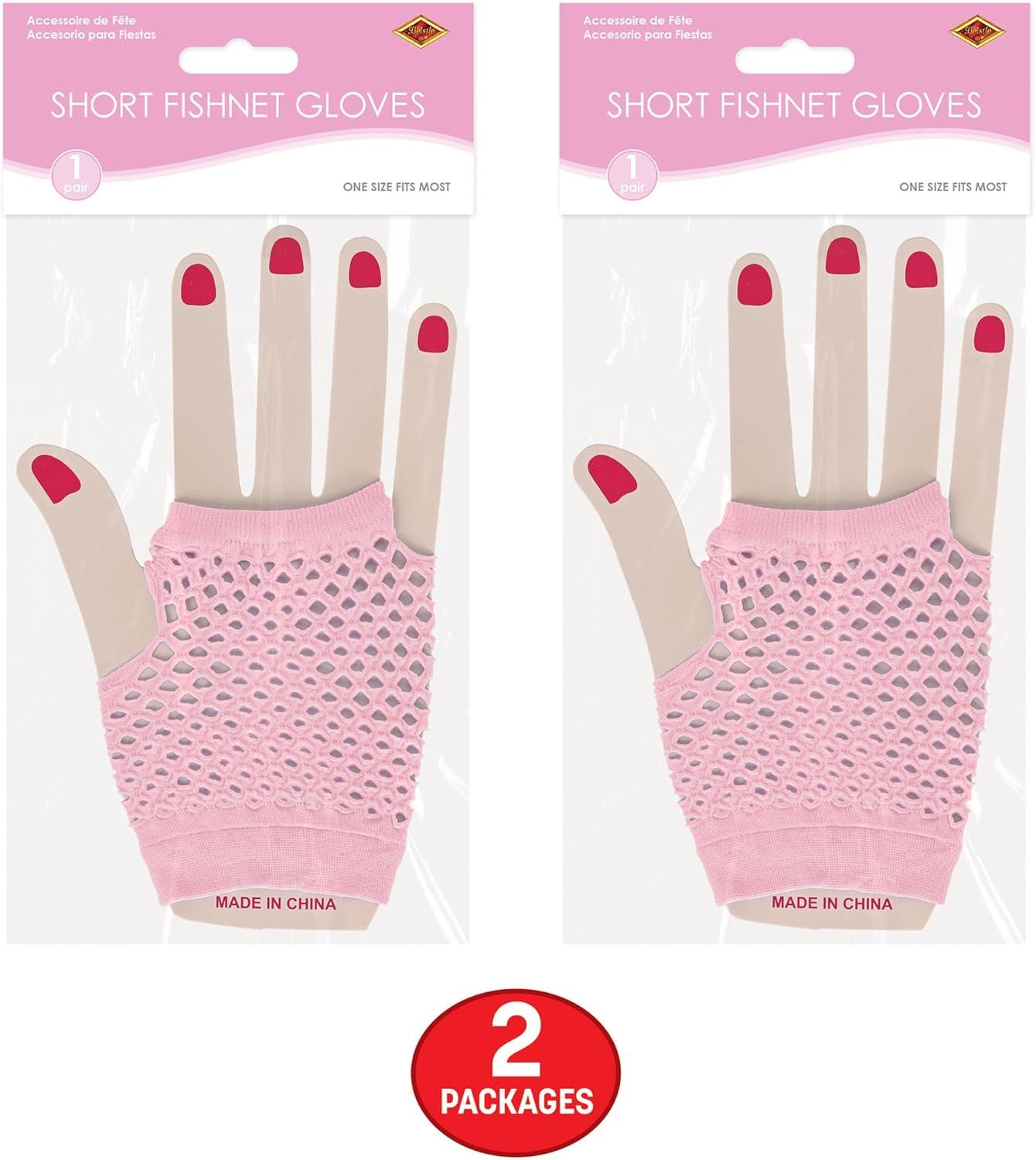 image:imageBeistle Pink Short Fishnet Gloves 2 Pairs Fingerless Stretch Mesh Costume Accessories with Elastic Wrist Cuffs Retro 80s Neon Party Wear Halloween Outfit Accents for Dance Rave Themed Events