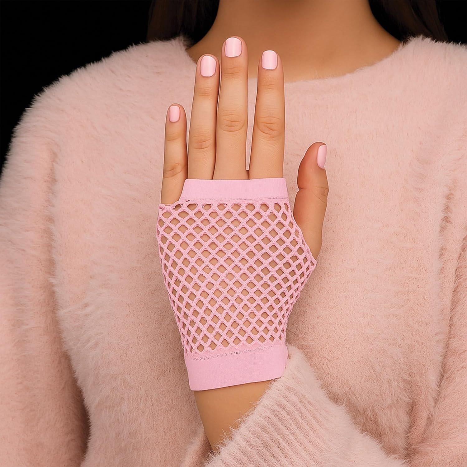 image:imageBeistle Pink Short Fishnet Gloves 2 Pairs Fingerless Stretch Mesh Costume Accessories with Elastic Wrist Cuffs Retro 80s Neon Party Wear Halloween Outfit Accents for Dance Rave Themed Events