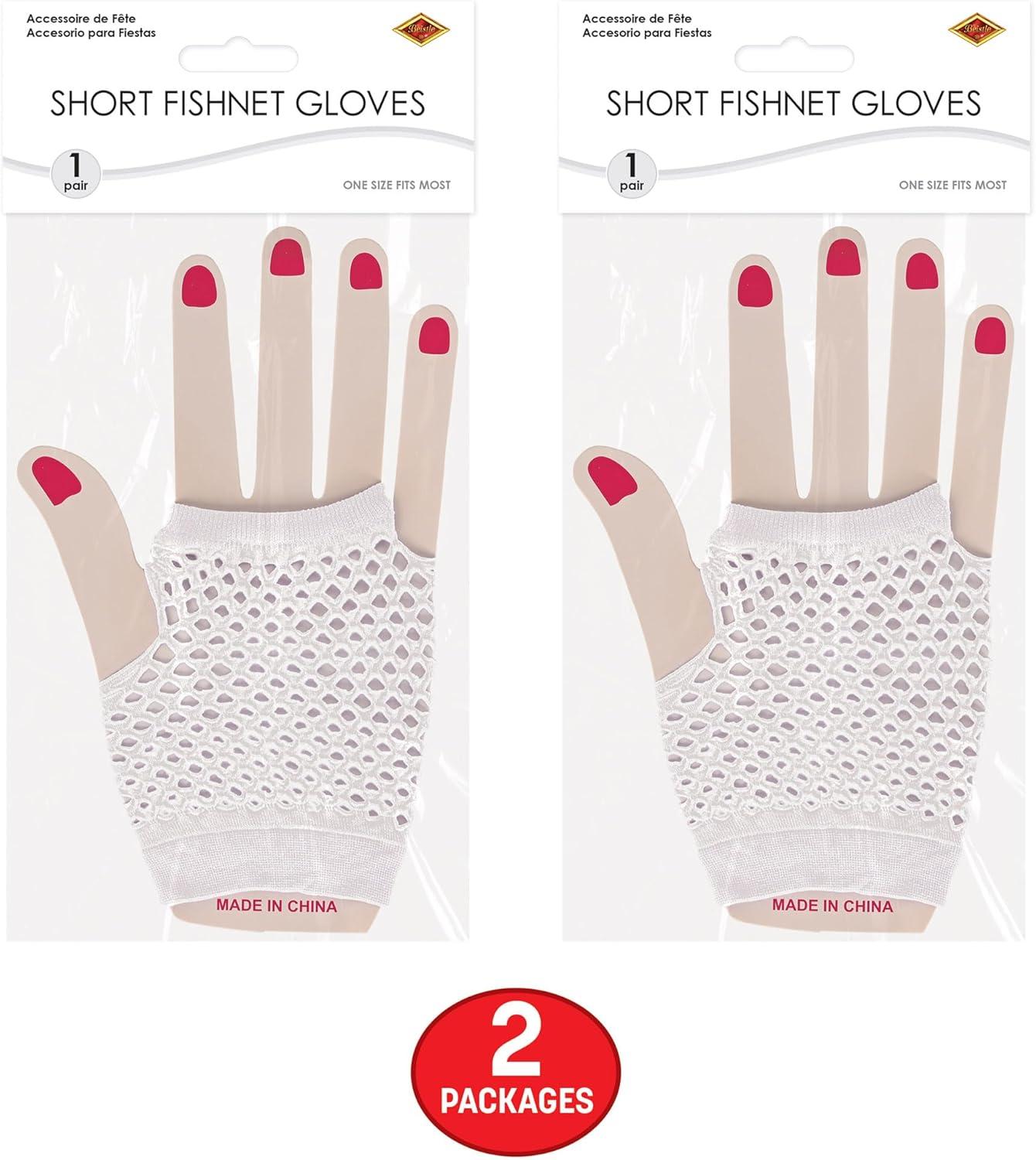 image:imageBeistle White Short Fishnet Gloves 2 Pairs Fingerless Stretch Mesh Costume Accessories with Elastic Wrist Cuffs Retro 80s Party Wear Halloween Outfit Accents for Dance Rave Themed Events
