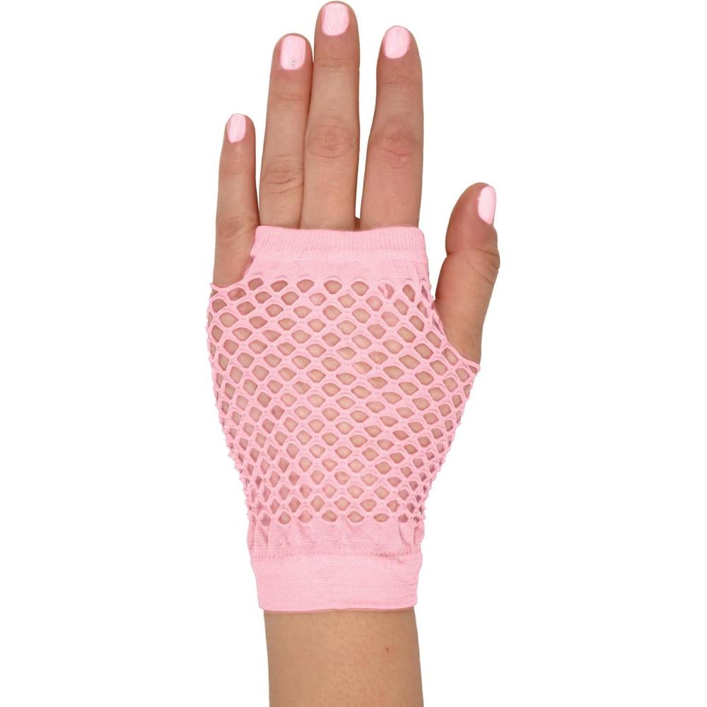 image:imageBeistle Pink Short Fishnet Gloves 2 Pairs Fingerless Stretch Mesh Costume Accessories with Elastic Wrist Cuffs Retro 80s Neon Party Wear Halloween Outfit Accents for Dance Rave Themed Events