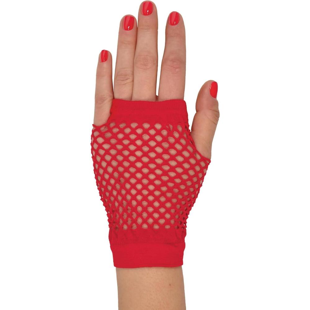 image:imageBeistle Red Short Fishnet Gloves 2 Pairs Fingerless Stretch Mesh Costume Accessories with Elastic Wrist Cuffs Retro 80s Party Wear Halloween Outfit Accents for Dance Rave Themed Events