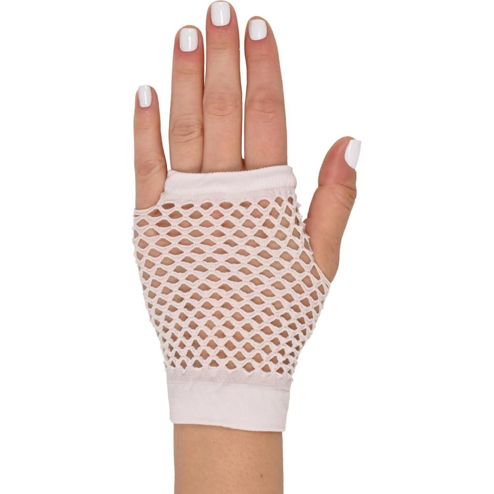 image:imageBeistle White Short Fishnet Gloves 2 Pairs Fingerless Stretch Mesh Costume Accessories with Elastic Wrist Cuffs Retro 80s Party Wear Halloween Outfit Accents for Dance Rave Themed Events