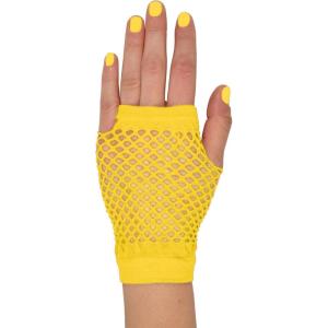 Beistle Yellow Short Fishnet Gloves – 2 Pairs, Fingerless Stretch Mesh Costume Accessories with Elastic Wrist Cuffs, Retro 80s Neon Party Wear, Halloween Outfit Accents for Dance Rave Themed Events