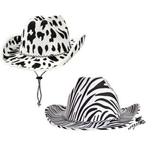 Beistle Animal Print Cowboy Hat Set – Zebra and Cow Print Western Novelty Hats, Fun Party Wear for Rodeo Themes, Barnyard Events, Costume Accessories & Photo Booth Props with Adjustable Chin Straps
