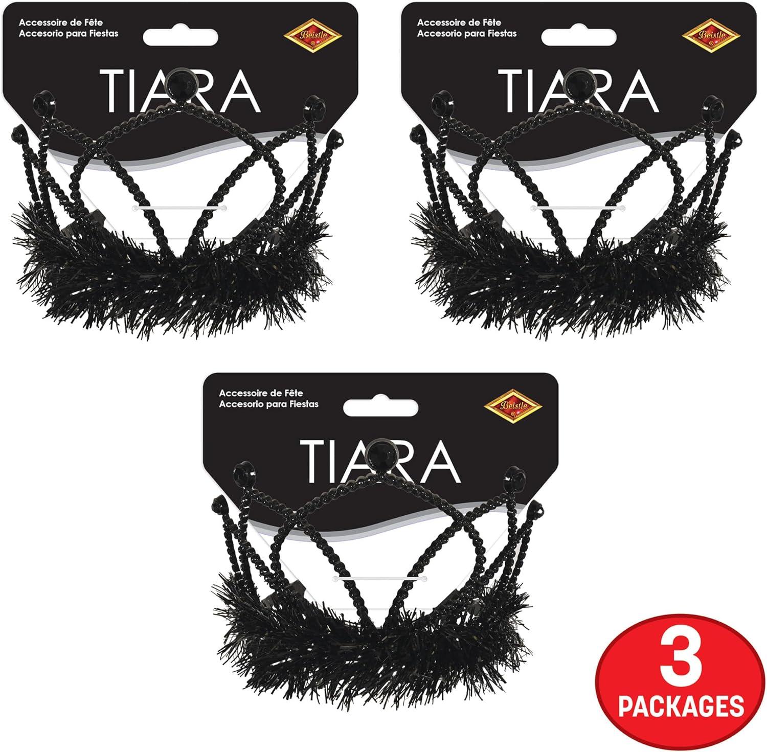 image:imageBeistle Black Plastic Tiaras 3 Pack Crown Headpieces with Metallic Fringe Spirit Headwear for Stage Performances Halloween Costumes Photo Booth Props Themed Events amp Novelty Party Wear