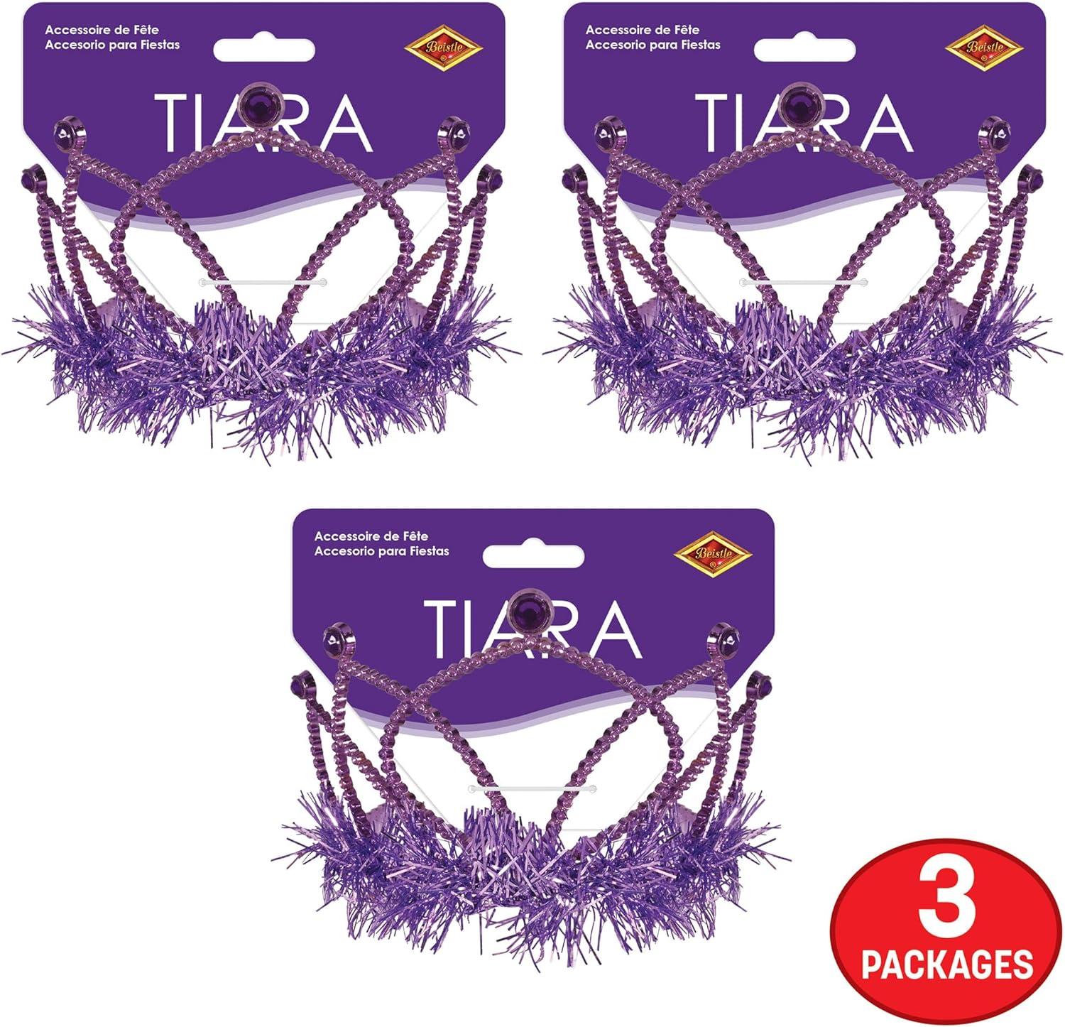 image:imageBeistle Purple Plastic Tiaras 3 Pack Crown Headpieces with Metallic Fringe Spirit Headwear for Stage Performances Halloween Costumes Photo Booth Props Themed Events amp Novelty Party Wear