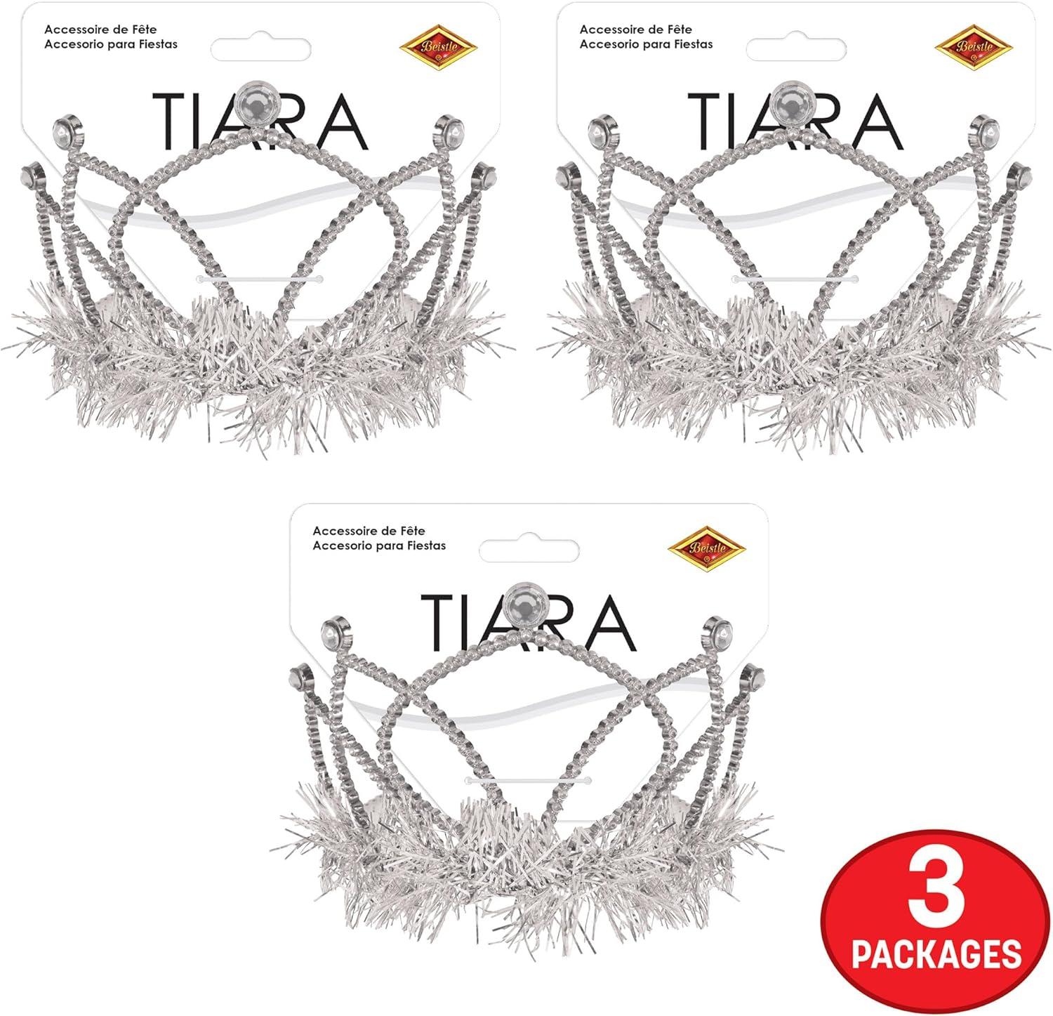 image:imageBeistle Silver Plastic Tiaras 3 Pack Crown Headpieces with Metallic Fringe Spirit Headwear for Stage Performances Halloween Costumes Photo Booth Props Themed Events amp Novelty Party Wear