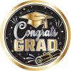 Beistle Graduation Paper Plates – 16 Pack, Black and Gold Congrats Grad Disposable Party Tableware with Cap and Diploma Design, Round Plates for Commencement Celebrations & Graduate Parties, 9″