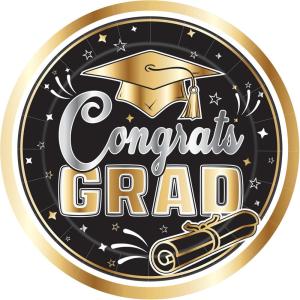 Beistle Graduation Paper Plates – 16 Pack, Black and Gold Congrats Grad Disposable Party Tableware with Cap and Diploma Design, Round Plates for Commencement Celebrations & Graduate Parties, 9″