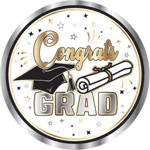 Beistle Graduation Paper Plates – 16 Pack, White and Silver Congrats Grad Disposable Party Tableware with Cap and Diploma Design, Round Dessert Plates for Commencement Celebrations & Parties, 7″