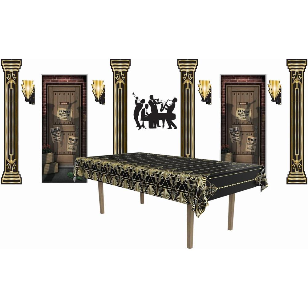 image:imageBeistle 1920s Themed Party Decoration Kit 2 Black amp Gold Table Covers 4 Roaring 20s Columns Mardi Gras Jazz Band Mural 2 Speakeasy Door Covers 4 Award Night Wall Sconces Hollywood Decor