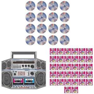 Beistle 1990’s Themed Party Decoration Kit – 16 Disposable CD Paper Plates, Boom Box Accessory, 32 90’s Floppy Disk Luncheon Napkins – Throwback Retro Music Decor