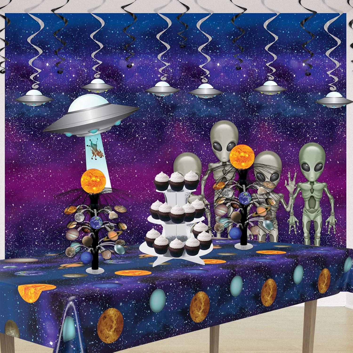 image:imageBeistle Flying Saucer Whirls 24 Pack Black amp Silver Hanging Swirl Decorations with UFO Cutouts SpaceThemed Ceiling Dcor for Alien Parties SciFi Events amp Cosmic Galaxy Celebrations 1725