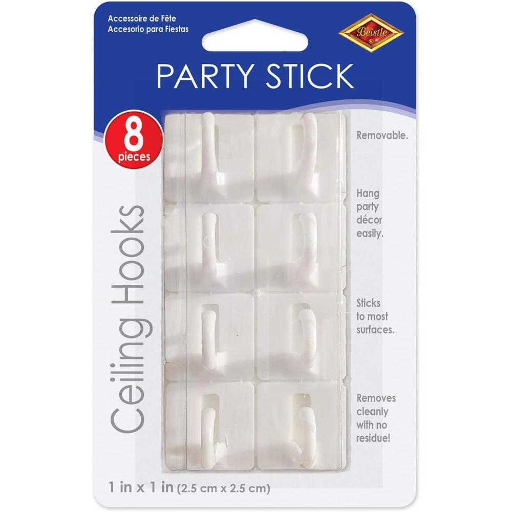 image:imageBeistle 8 Piece White Plastic Ceiling Hooks with Removable Adhesive for Hanging Party Decorations Easy to Use 1 x 1