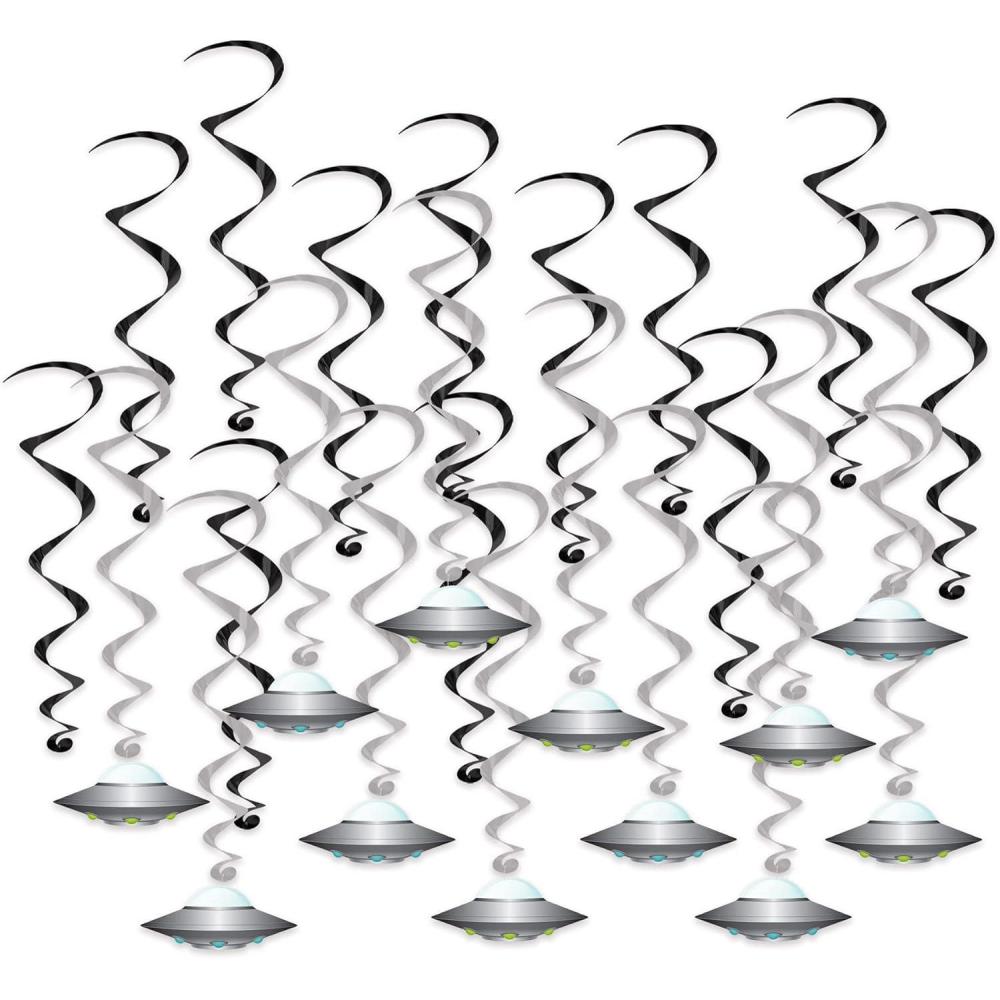 image:imageBeistle Flying Saucer Whirls 24 Pack Black amp Silver Hanging Swirl Decorations with UFO Cutouts SpaceThemed Ceiling Dcor for Alien Parties SciFi Events amp Cosmic Galaxy Celebrations 1725