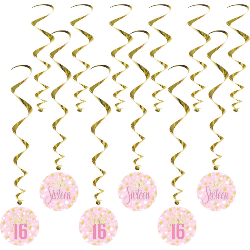 image:imageBeistle Sweet 16 Whirls  12 Pack Gold Metallic Hanging Ceiling Spirals with Pink Sweet Sixteen Icons Elegant Chic Birthday Party Dcor Statement Accents for Milestone Celebrations 1730