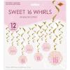 Beistle Sweet 16 Whirls – 12 Pack, Gold Metallic Hanging Ceiling Spirals with Pink Sweet Sixteen Icons, Elegant Chic Birthday Party Décor, Statement Accents for Milestone Celebrations, 17½”–30½”