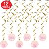 Beistle Sweet 16 Whirls – 12 Pack, Gold Metallic Hanging Ceiling Spirals with Pink Sweet Sixteen Icons, Elegant Chic Birthday Party Décor, Statement Accents for Milestone Celebrations, 17½”–30½”
