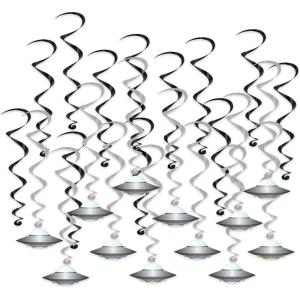 Beistle Flying Saucer Whirls – 24 Pack, Black & Silver Hanging Swirl Decorations with UFO Cutouts, Space-Themed Ceiling Décor for Alien Parties, Sci-Fi Events & Cosmic Galaxy Celebrations, 17½”–25″