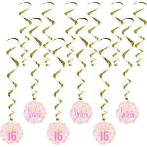 Beistle Sweet 16 Whirls – 12 Pack, Gold Metallic Hanging Ceiling Spirals with Pink Sweet Sixteen Icons, Elegant Chic Birthday Party Décor, Statement Accents for Milestone Celebrations, 17½”–30½”