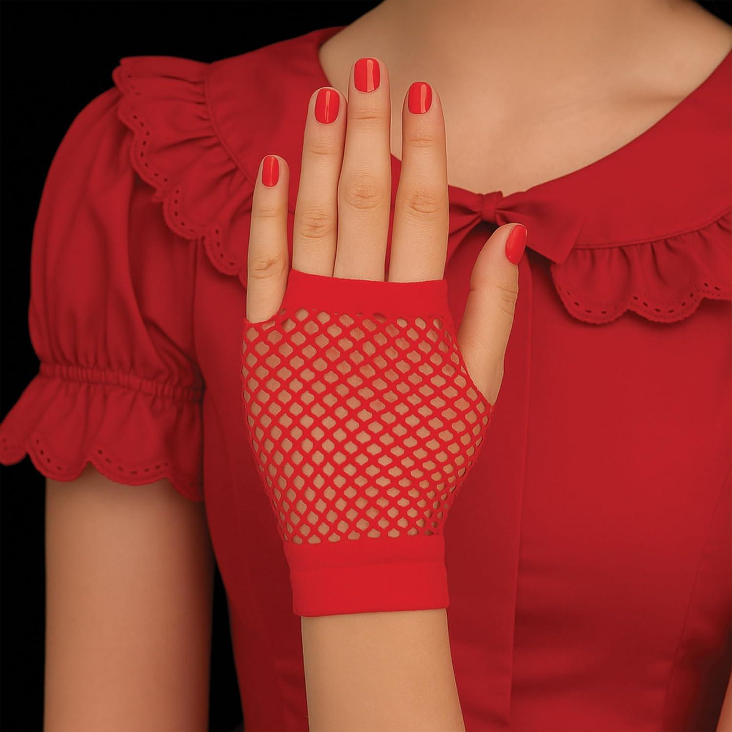 image:imageBeistle Black Short Fishnet Gloves 2 Pairs Fingerless Stretch Mesh Costume Accessories with Elastic Wrist Cuffs Retro 80s Party Wear Halloween Outfit Accents for Dance Rave Themed EventsRed