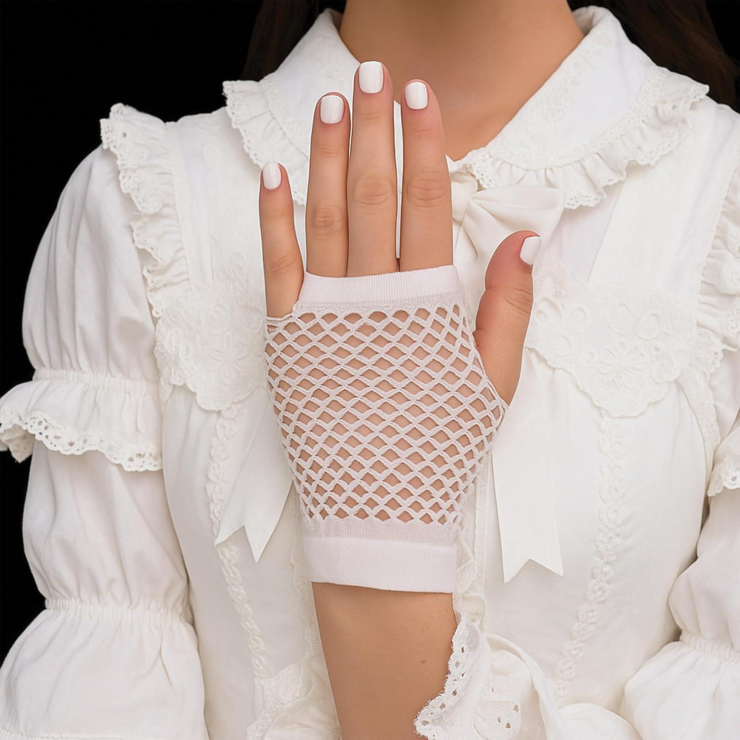image:imageBeistle Black Short Fishnet Gloves 2 Pairs Fingerless Stretch Mesh Costume Accessories with Elastic Wrist Cuffs Retro 80s Party Wear Halloween Outfit Accents for Dance Rave Themed EventsWhite