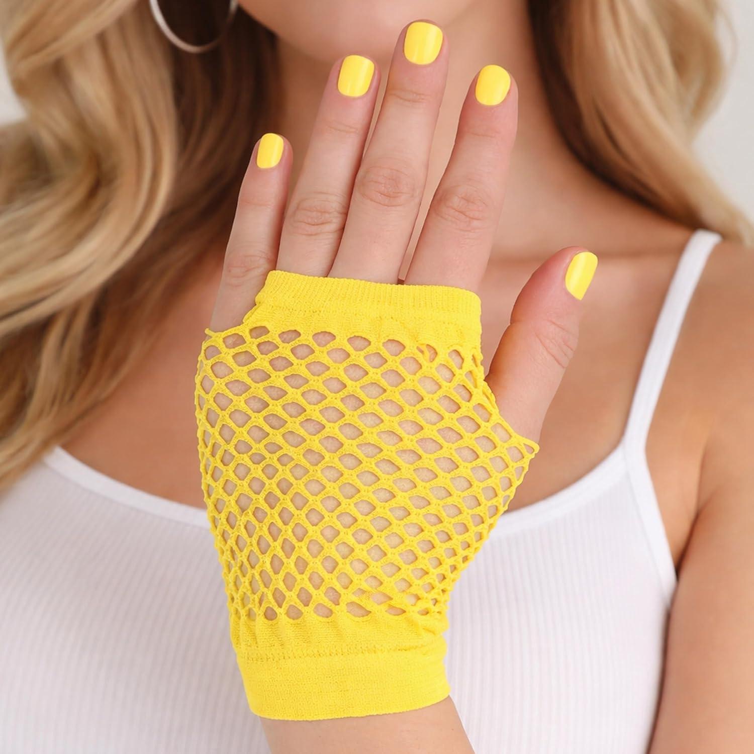 image:imageBeistle Black Short Fishnet Gloves 2 Pairs Fingerless Stretch Mesh Costume Accessories with Elastic Wrist Cuffs Retro 80s Party Wear Halloween Outfit Accents for Dance Rave Themed EventsYellow