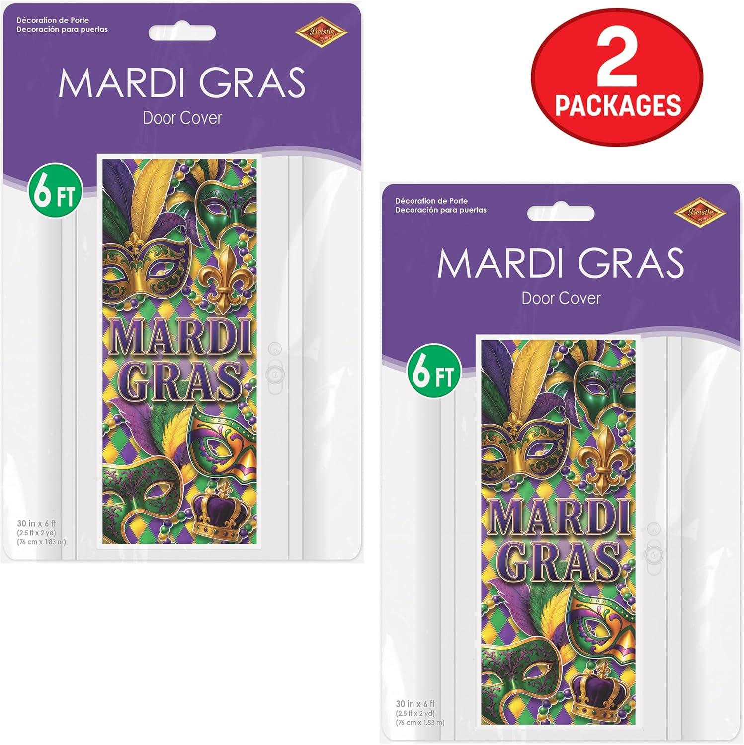 image:imageBeistle Mardi Gras Door Covers 2 Pack AllWeather Thin Plastic Decorations with Mask Beads amp FleurdeLis Design Green Gold amp Purple Carnival Entryway Dcor for Masquerade Parties 6 x 30