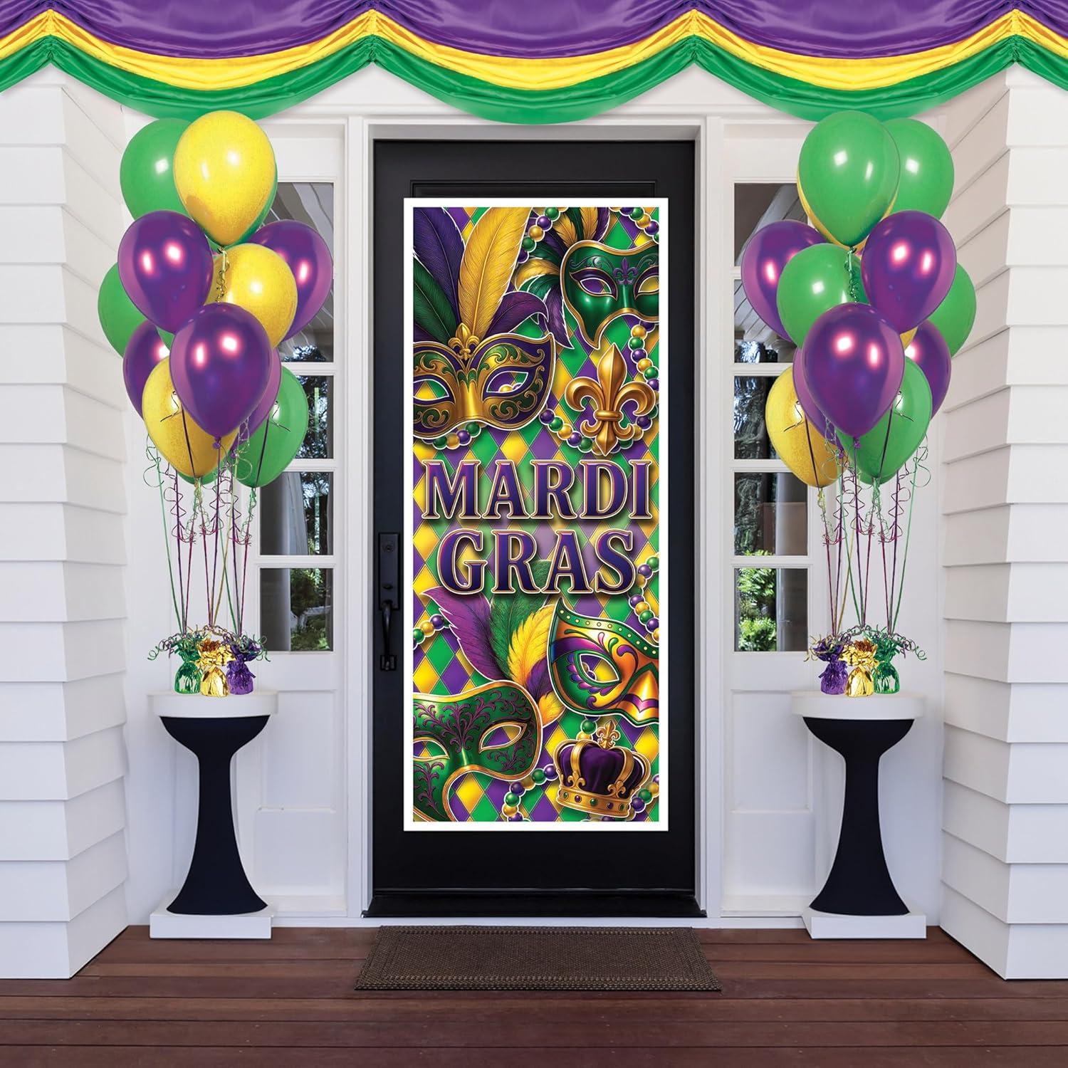 image:imageBeistle Mardi Gras Door Covers 2 Pack AllWeather Thin Plastic Decorations with Mask Beads amp FleurdeLis Design Green Gold amp Purple Carnival Entryway Dcor for Masquerade Parties 6 x 30