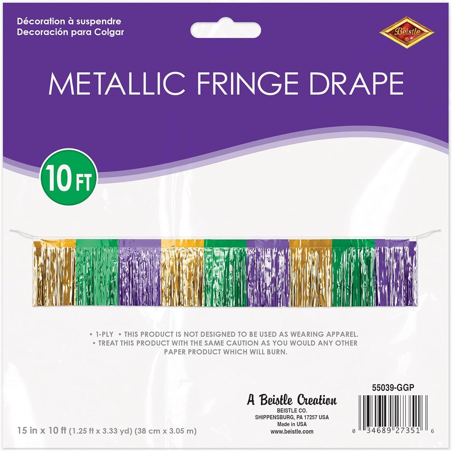 image:imageBeistle Mardi Gras Metallic Fringe Drape SinglePly Foil Garland Green Gold Purple Fringe Decoration Dcor for Wall Table or Doorway Streamer for Carnival Events amp Festive Displays 15 x 10