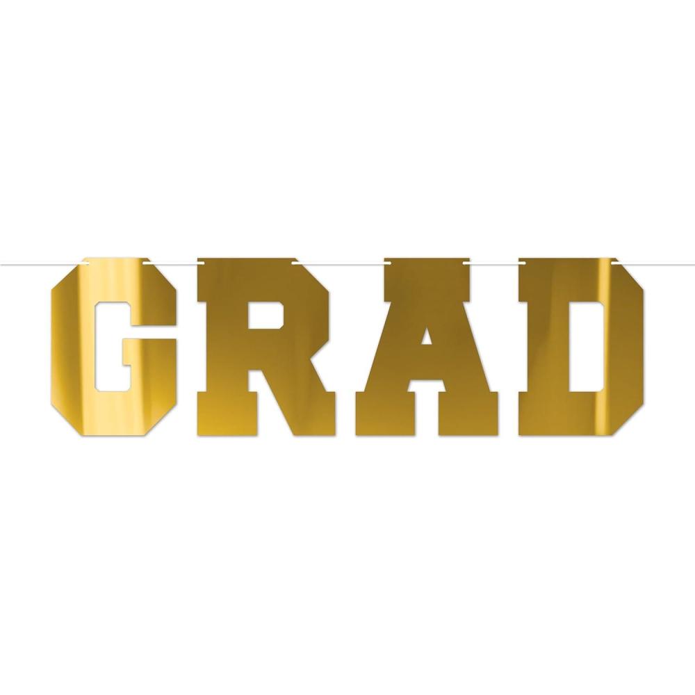 image:imageBeistle Foil Grad Streamer  Gold Letter Banner with White Ribbon Metallic FoilMounted Cardstock Letters Graduation Party Decor for Grads Ceremonies Commencements amp Celebrations 12 x 3 6