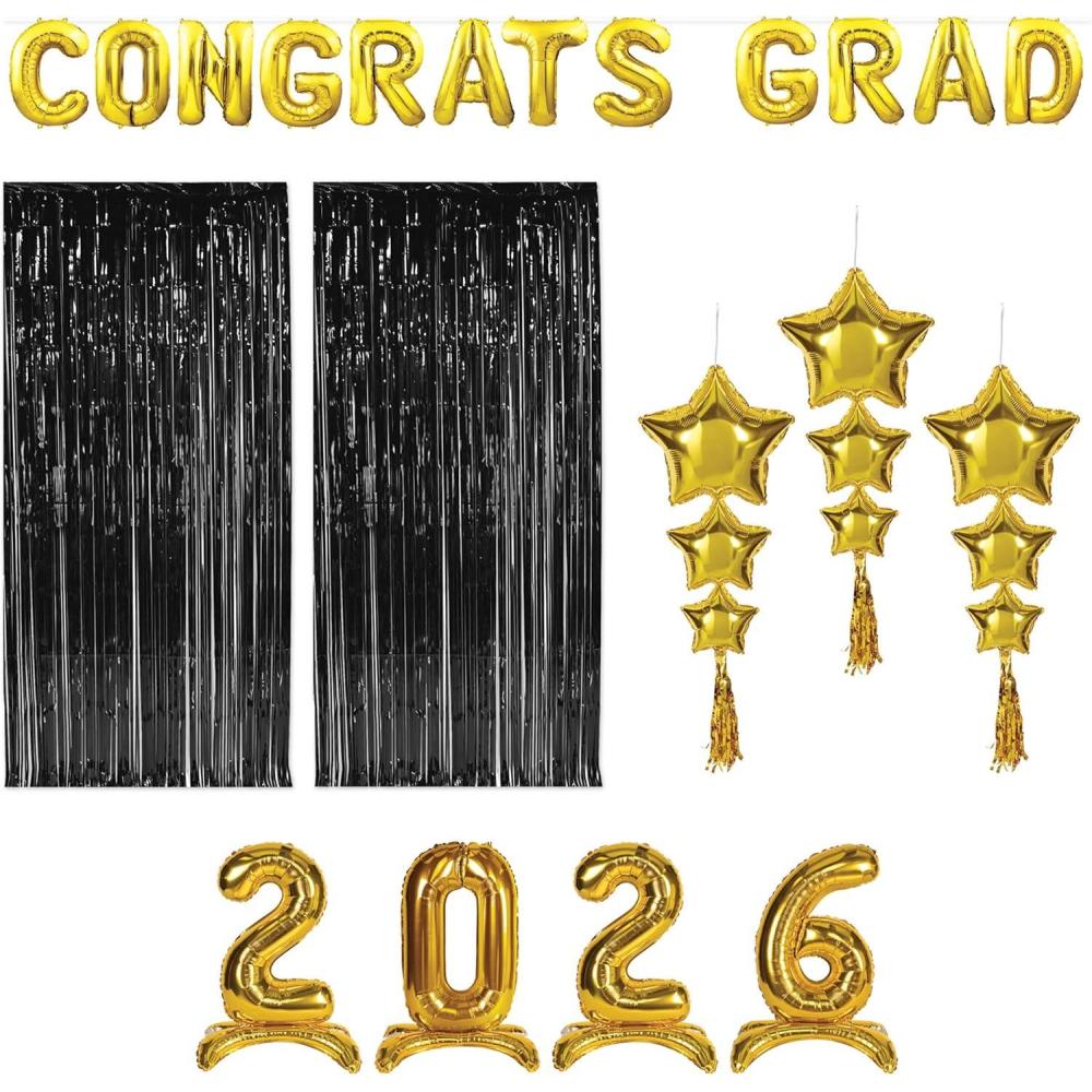 image:imageBeistle Graduation 2026 Backdrop Gold Congrats Grad Balloon Banner SelfStanding 2026 Number Balloons Star Balloon Tassels amp 2 Black Fringe Curtains Commencement Photo Booth Decorations